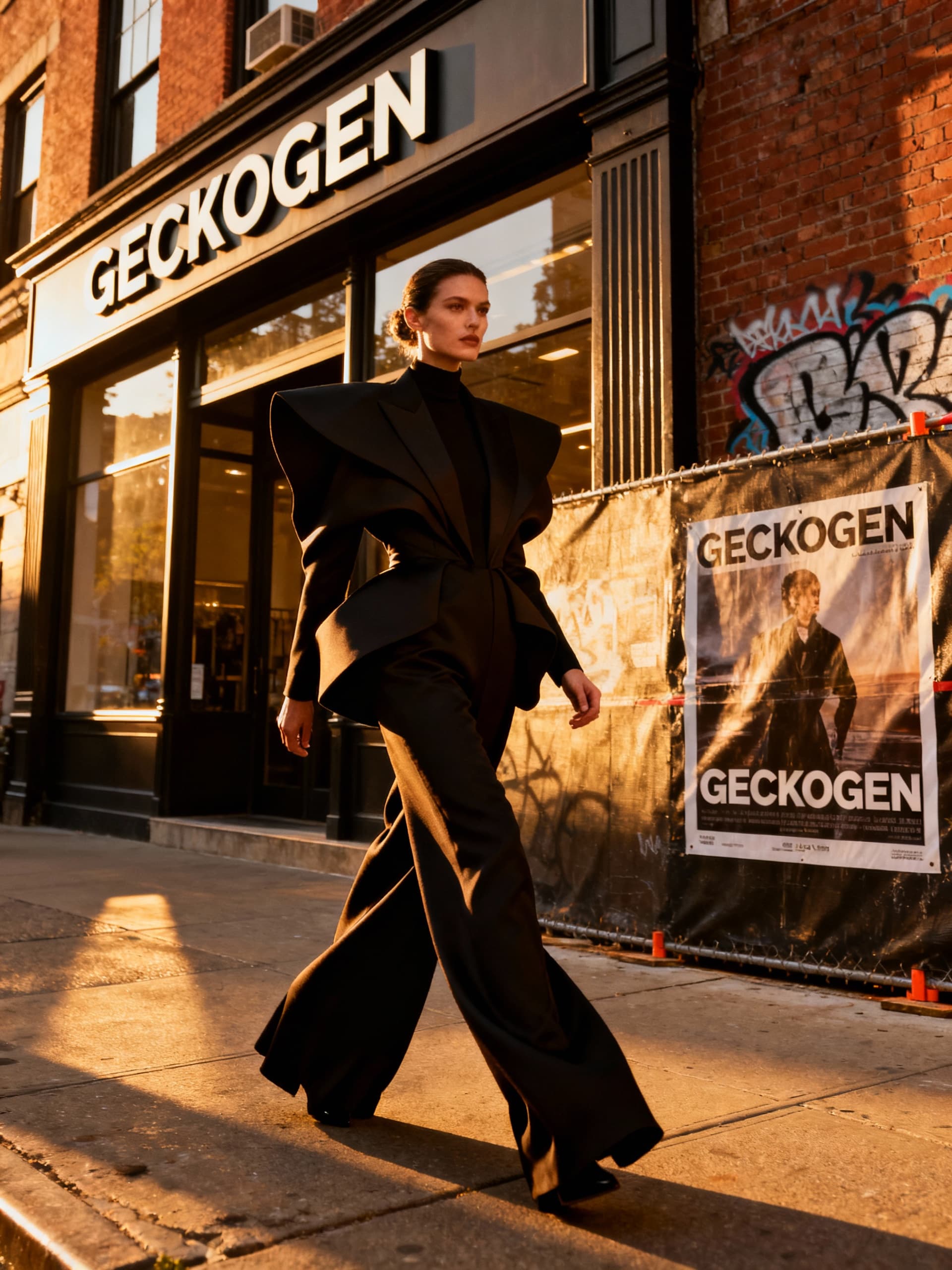 A Vogue-style street fashion editorial photograph shot in urban setting. Model in avant-garde high fashion outfit - sculptural silhouettes, dramatic proportions, luxury fabrics. They walk past a building where "GECKOGEN" appears as large storefront signage, graffiti on brick wall, or poster on construction barrier - naturally integrated into the cityscape background. Shot during golden hour with natural directional sunlight creating dramatic shadows and warm glow. The model is in sharp focus with urban environment slightly blurred creating depth. Shot on 85mm portrait lens at f/2.8. Color grading: warm tones, elevated contrast, rich saturated colors typical of high-end fashion magazines. Composition captures both the striking fashion and urban context with GECKOGEN visible but organic to the scene. Cinematic, editorial sophistication.