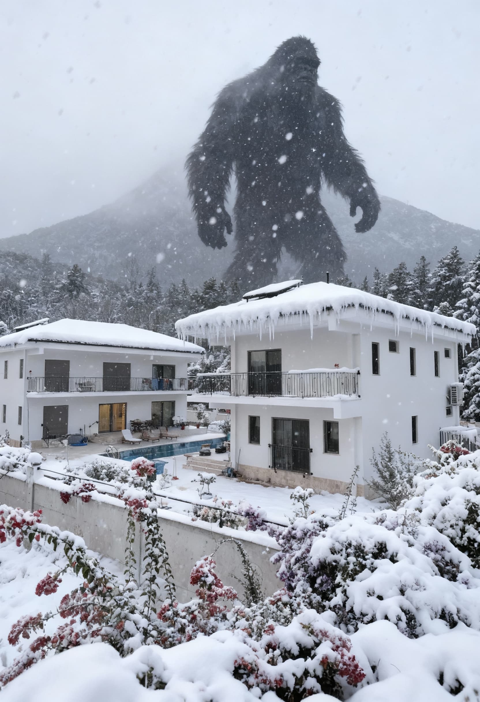 Transform the provided image into a winter scene while preserving the exact camera angle, house structure, and composition unchanged.
Add winter elements: Heavy snowfall actively falling with visible snowflakes in the air. The entire roof is covered with thick snow accumulated on all surfaces. Multiple icicles hanging from the roof edges in various lengths. Snow covering the ground, trees, and surrounding landscape. Everything should look naturally winter-transformed with realistic snow physics and accumulation patterns.
CRITICAL: In the distance behind the mountain, partially obscured by fog and mist, a massive Bigfoot figure is visible. The creature should be huge, towering, with dark fur silhouette emerging from the foggy mountain backdrop. The Bigfoot appears mysterious and atmospheric - not too clear but definitely recognizable, creating an eerie presence in the misty distance.
The original photograph’s perspective, framing, house architecture, and overall composition must remain identical - only the season changes to winter and the Bigfoot element is added. Maintain photorealistic quality making the winter transformation and creature addition look naturally integrated, not obviously edited. Moody winter atmosphere with overcast sky, natural winter lighting, fog adding depth and mystery.