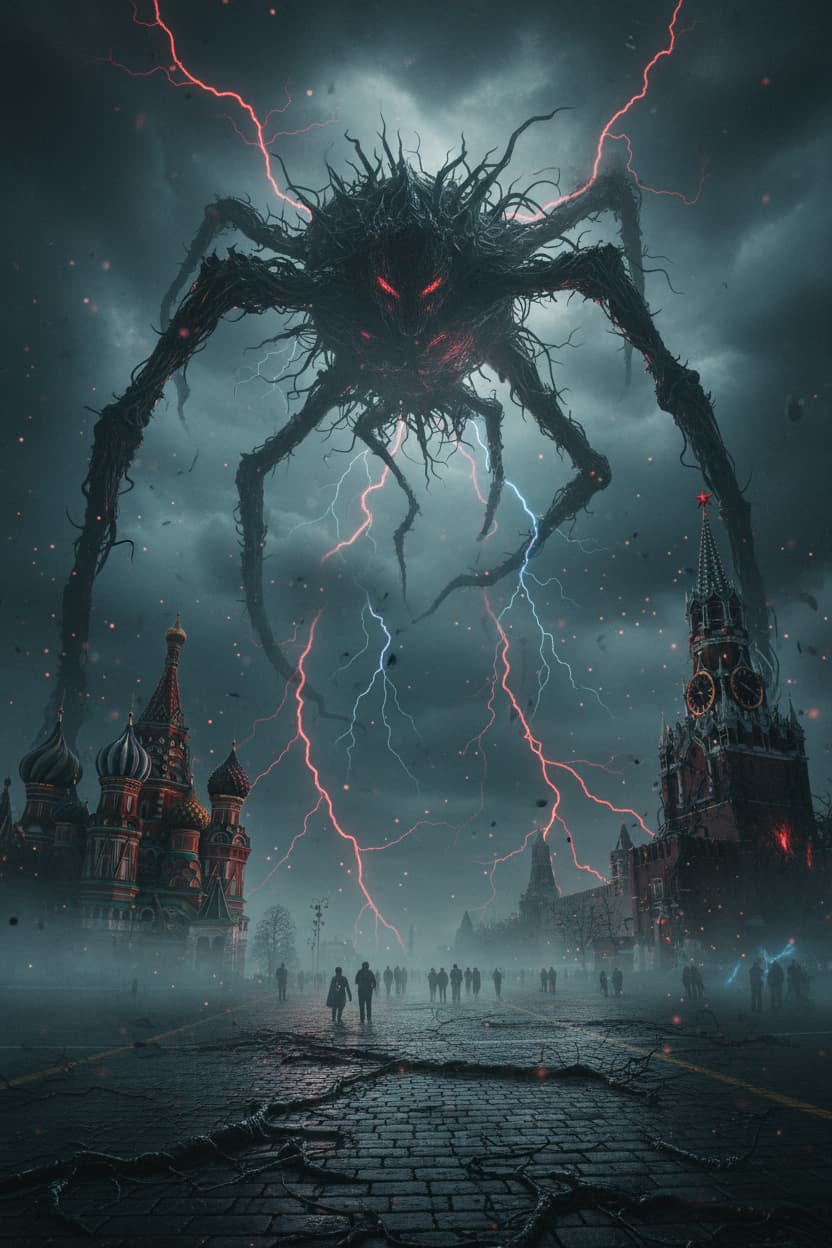 Transform the provided location image into the Upside Down dimension from Stranger Things with the massive Mind Flayer creature looming in the sky above. Preserve the recognizable landmarks and architecture but corrupt them into their dark twisted versions.Visual transformation: All buildings and structures covered in dark organic vines and black tendrils, surfaces appear wet and decaying, windows broken or emanating eerie glow, vegetation is dead and twisted, everything has rotting bio-organic texture crawling over original architecture. The location remains identifiable but nightmarishly corrupted.The Mind Flayer: Gigantic spider-like entity towering in the stormy sky - massive body with countless long writhing legs/tentacles reaching down toward the city below. The creature is impossibly huge, dwarfing all buildings. Partially obscured by storm clouds but clearly visible and terrifying in scale, creating overwhelming sense of cosmic horror.Atmosphere & Environment: Thick volumetric fog rolling through streets at ground level, countless floating spores and particles drifting through air catching light, red lightning bolts striking from dark storm clouds, occasional blue electrical discharges, heavy atmospheric haze creating depth layers.Camera & Cinematography: Shot on Arri Alexa or RED camera with anamorphic lenses (Panavision or Hawk V-Lite) creating 2.39:1 widescreen cinematic aspect ratio. Low angle perspective emphasizing scale and dread - camera positioned at street level looking up showing both corrupted architecture in foreground and massive Mind Flayer dominating sky. Shallow depth of field with foreground elements sharp while background has cinematic bokeh. Film grain overlay adding texture and analog quality.Color Grading: Heavy desaturation across entire image shifting towards blue-gray base tone (teal shadows, cool mid-tones). Strong red color push in highlights and sky - crimson lightning, red atmospheric glow. Lifted blacks creating that signature Netflix series look where pure black is avoided. Crushed shadows in darkest areas while maintaining detail. Orange/amber practical light sources (windows, streetlights) provide warm contrast against cool overall palette. Teal-orange color separation technique. The final grade resembles Stranger Things cinematography by Tim Ives - moody, atmospheric, horror-tinged but maintaining visual clarity.Lighting: Motivated by red lightning strikes as key light creating dramatic rim lighting on architecture and creature. Practical sources like flickering streetlights, glowing windows, electrical sparks adding dimensional depth. Atmospheric volumetric light rays visible through fog and particles. Hard directional light from lightning mixed with soft diffused light from overcast sky. Strong silhouette work with backlighting emphasizing creature's scale.Technical specs: 4K-8K resolution, RAW format quality, professional VFX integration making creature and environmental corruption feel seamlessly real. Depth layers properly rendered - foreground sharp, mid-ground detailed, background atmospheric. Realistic physics for vines, fog, particles. The image should look like an official Stranger Things promotional still or Netflix series frame - cinematic, terrifying, production-quality horror atmosphere.