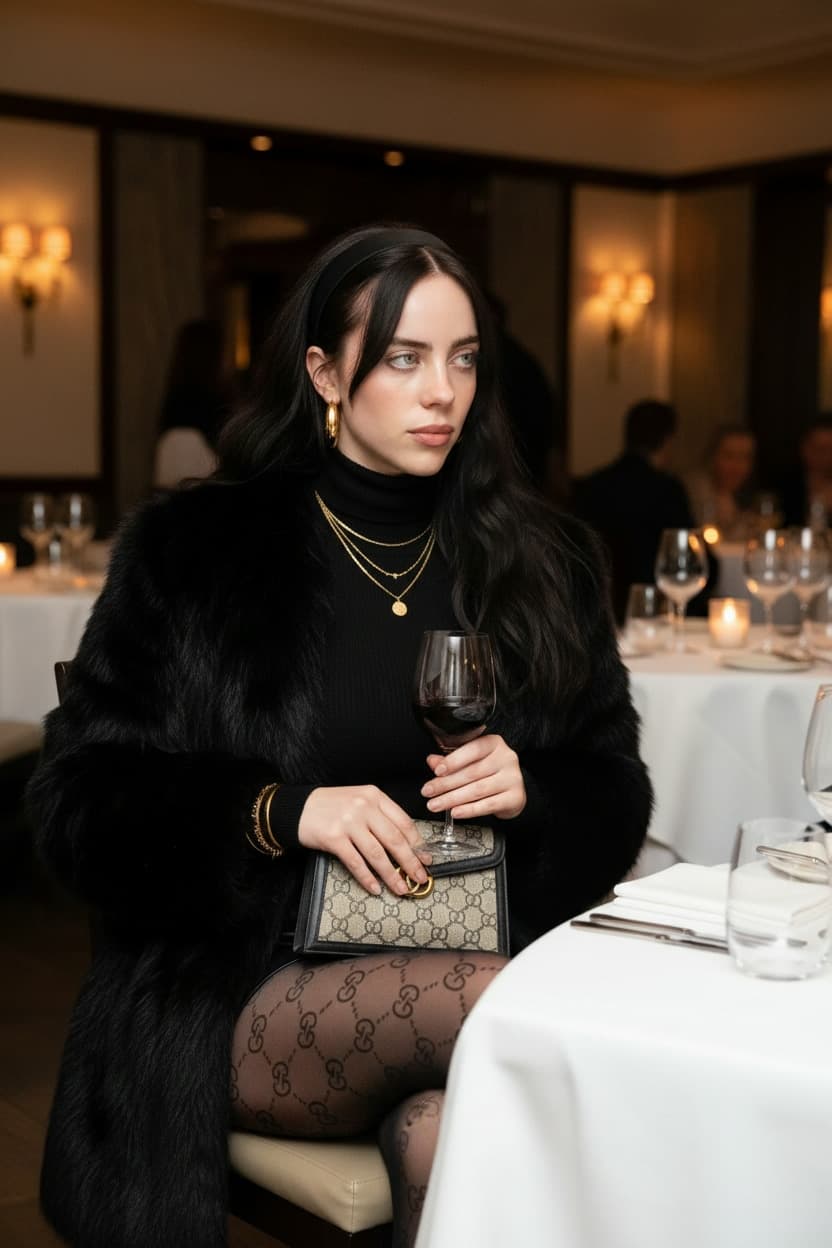 Ultra-realistic portrait photograph. Keep the person's face exactly as shown in the reference image - do not change facial features. Keep background in focus showing the restaurant environment clearly. The woman wears a black turtleneck sweater tucked into black high-waisted shorts with sheer black Gucci tights. Her hair is styled in natural waves with baby hairs swooped at the front. She wears a black headband. Makeup: dewy skin, lashes, natural lip color. Gold hoop earrings, gold necklace, gold bracelets, and holding a Gucci monogram clutch. Black fur coat draped over shoulders. She's sitting at a table in an upscale restaurant, holding a glass of red wine, looking to the side naturally - candid moment, not stiff pose. Restaurant background visible: white tablecloth, wine glasses, elegant interior, warm ambient lighting from restaurant lights and candles. Shot on 85mm lens with natural restaurant lighting - warm, soft, flattering. The photo should look like a real candid moment someone captured during dinner, not an overly staged photoshoot. Natural colors, realistic lighting, authentic atmosphere. High quality but genuine feeling - like an iPhone portrait mode photo taken by a friend but with professional camera sharpness.