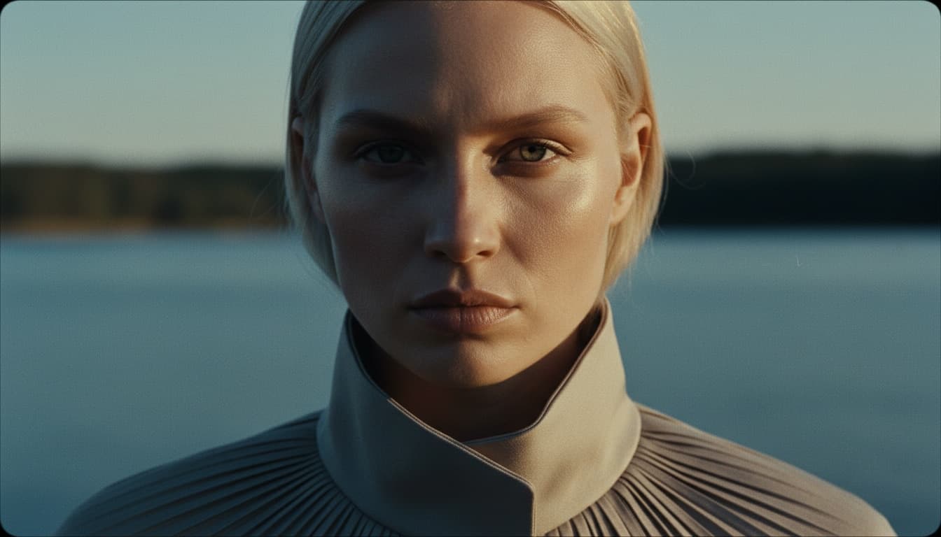 Extreme close-up fashion portrait of blonde woman, serious expression, lake blurred in background. High contrast, analog film aesthetic, Kodak colors. Ultra-realistic skin texture, minimal haute couture style. Shallow depth of field, natural dramatic lighting. Editorial photography quality.