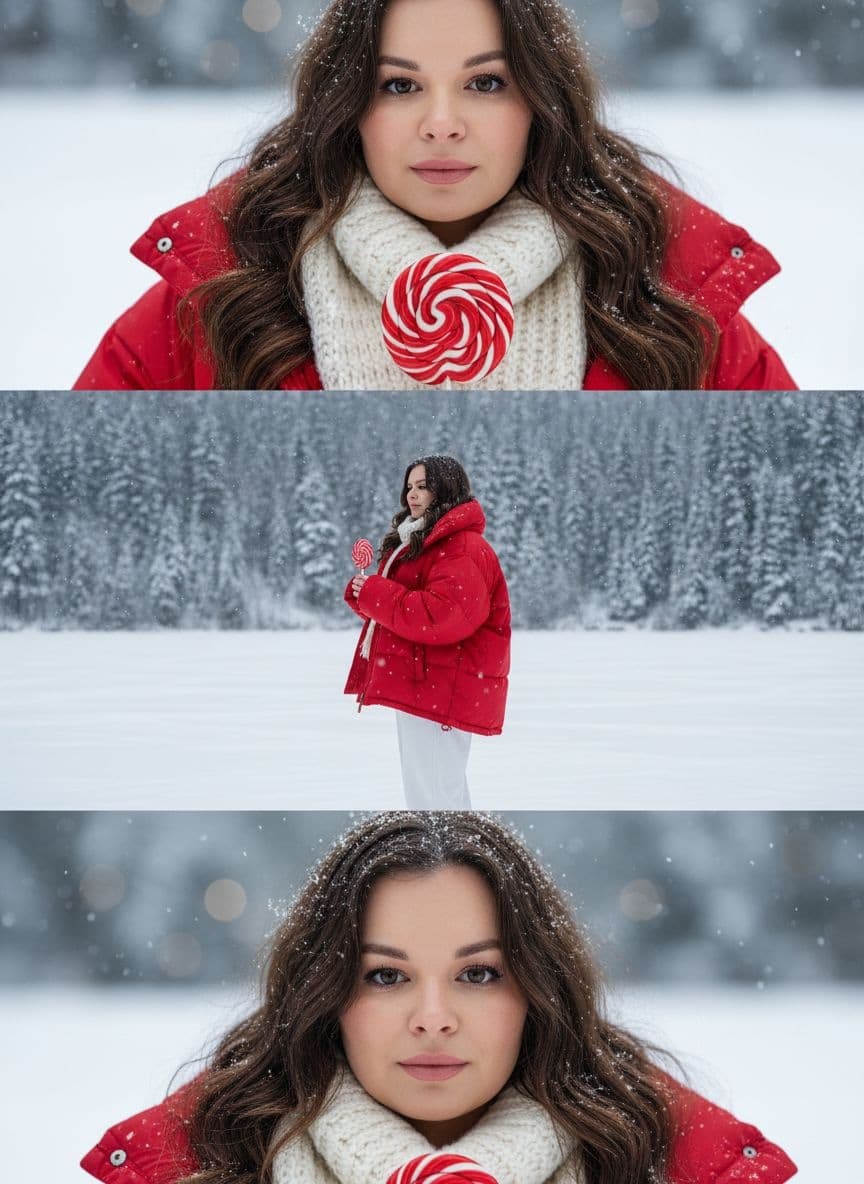 СОЗДАЙ УЛЬТРАРЕАЛИСТИЧНЫЙ ПОРТРЕТ С СОХРАНЕНИЕМ
ВСЕХ ЧЕРТ ЛИЦА БЕЗ ИЗМЕНЕНИЙ ВНЕШНОСТИ
СОЗДАЙ КОЛЛАЖ ИЗ ТРЁХ ФОТО
ПРОМТ ДЛЯ ВЕРХНЕГО ИЗОБРАЖЕНИЯ (КРУПНЫЙ ПЛАН):
"КРУПНЫЙ ПЛАН ЖЕНЩИНЫ, ЕЕ ЛИЦО ВИДНО СНИЗУ НОСА, В КРАСНОМ ОВЕРСАИЗ ПУХОВИКЕ И ОБЪЕМНОМ МОЛОЧНОМ ВЯЗАНОМ ШАРФЕ. СНЕЖИНКИ НА ШАРФЕ И ВОЛОСАХ. ОНА ДЕРЖИТ НОВОГОДНИЙ ЛЕДЕНЕЦ ВЕРТУШКУ, ЧАСТЬ КОТОРОГО ВИДНА . РАЗМЫТЫЙ ЗИМНИЙ ФОН. ФОТОРЕАЛИСТИЧНЫЙ СТИЛЬ, ВЫСОКОЕ РАЗРЕШЕНИЕ, МЯГКОЕ ЕСТЕСТВЕННОЕ ОСВЕЩЕНИЕ."
ПРОМТ ДЛЯ СРЕДНЕГО ИЗОБРАЖЕНИЯ (ПОЛНЫЙ РОСТ СО спины):
*ЖЕНЩИНА В ПОЛНЫЙ РОСТ, ВИД С БОКУ, В КРАСНОМ ОВЕРСАЙЗ ПУХОВИКЕ, БЕЛЫХ ОВЕРСАЙЗ ДЖОГГЕРАХ.
ДЕРЖАЩАЯ В РУКАХ НОВОГОДНИЙ ЛЕДЕНЕЦ ВЕРТУШКУ. ОНА СТОИТ В ЗАСНЕЖЕННОМ НА ЗАМЕРЗШЕМ ОЗЕРЕ. НА ЗАДНЕМ ПЛАНЕ ГУСТОЙ ЗАСНЕЖЕННЫЙ ЛЕС. ИДЕТ ЛЕГКИЙ СНЕГОПАД.
ОБЩИЙ ПЛАН. ХОЛОДНАЯ, СПОКОЙНАЯ АТМОСФЕРА.
ФОТОРЕАЛИСТИЧНО, ШИРОКИИ УГОЛ ОБЗОРА." ПРОМТ ДЛЯ НИЖНЕГО ИЗОБРАЖЕНИЯ (КРУПНЫЙ ПЛАН ЛИЦА):
"КРУПНЫЙ ПЛАН ЛИЦА МОЛОДОЙ ЖЕНЩИНЫ. СМОТРЯЩЕЙ ПРЯМО В КАМЕРУ. У НЕЕ ПРЯМЫЕ ВОЛОСЫ, ЧАСТЬ КОТОРЫХ ПОКРЫТА СНЕГОМ