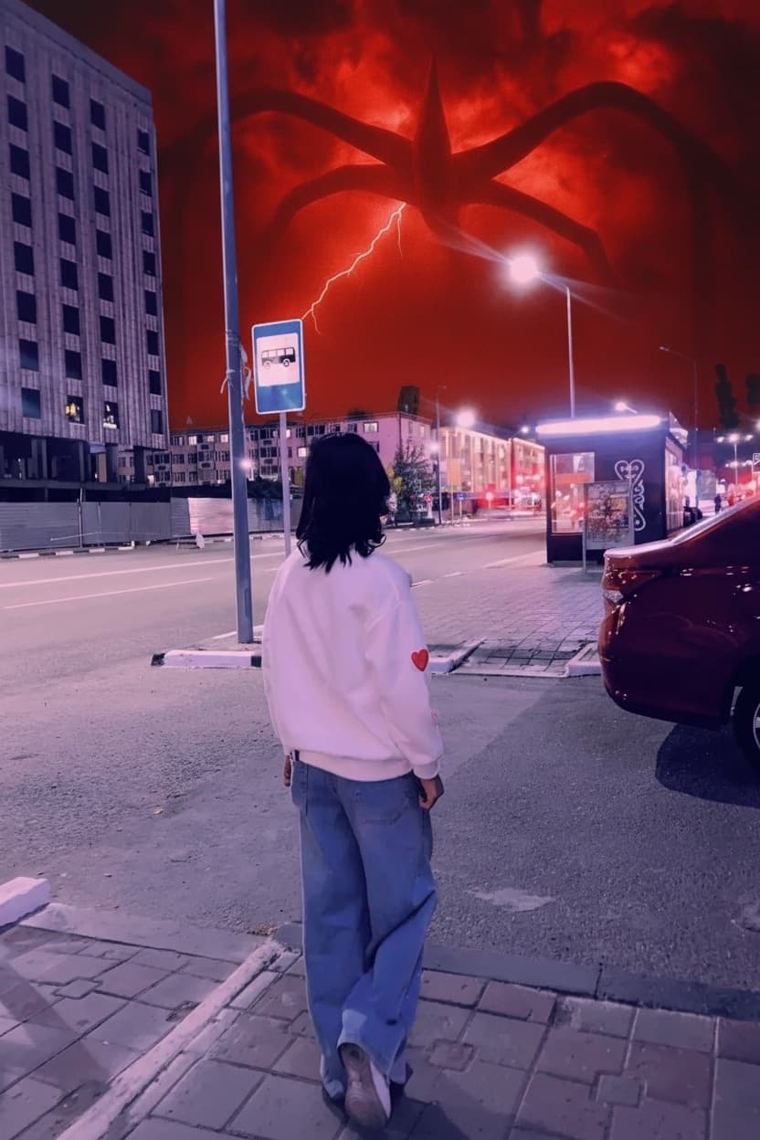 edita la foto izquierda del chico colocando la azotamentes de stranger things en el cielo de la chica de la imagen izquierda,tomando referencia para ayudar a la foto de la derecha,eso es lo que quiero que se vea en el fondo de la foto izquierda ,sin distorsionar la foto original y sin cambiar nada para que siga quedando totalmente realista y que tuviese un ambiente rojizo así como el de la seria