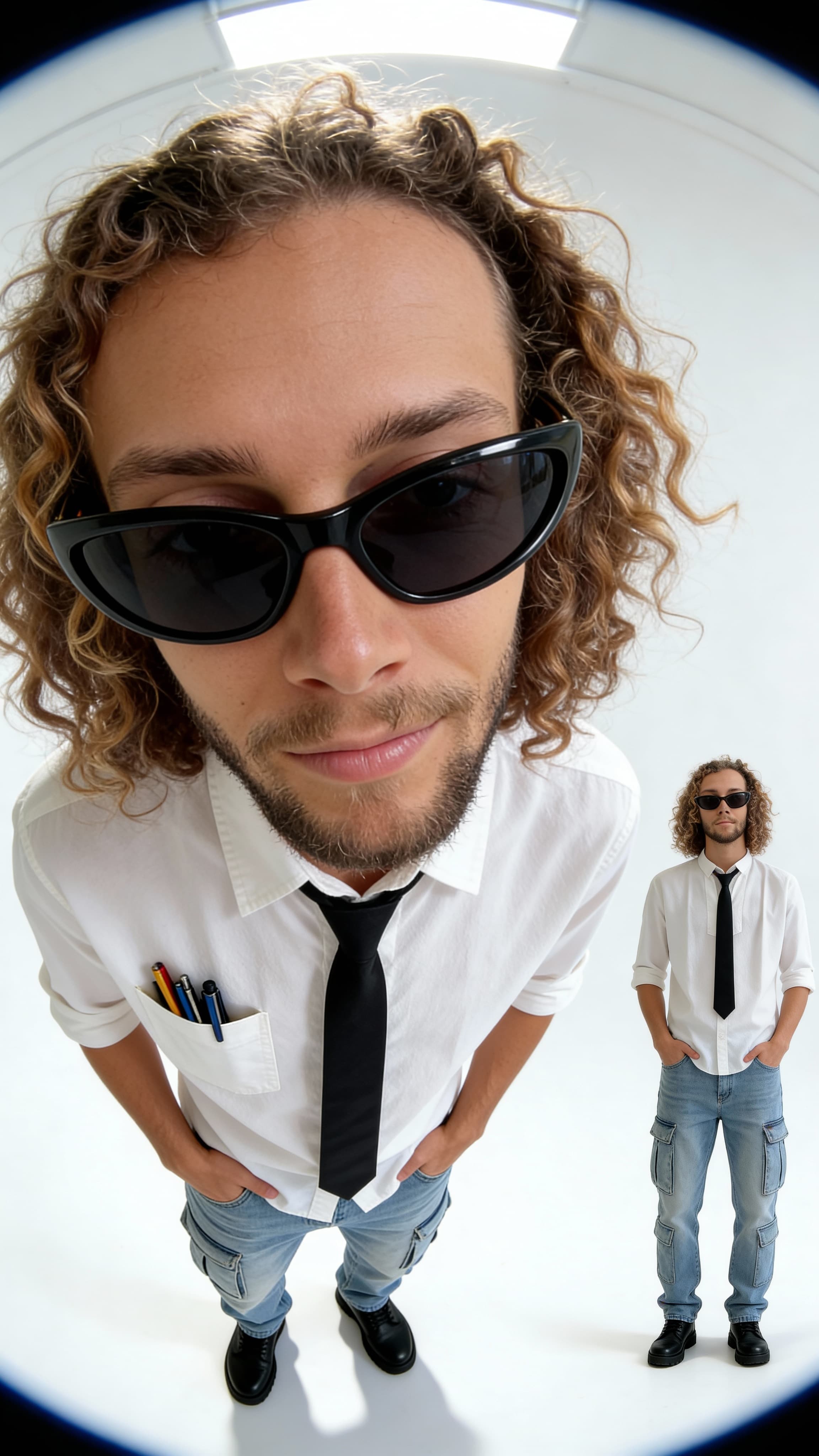 SHOT:
- Composition: Very wide-angle close-up on face, secondary full-body smaller view to the right
- Camera Settings: Low ISO, sharp focus, wide aperture
LENS EFFECTS:
- Optics: Extreme fisheye lens distortion, exaggerated facial proportions
- Depth of Field: Shallow focus on face, full body slightly softer
SUBJECT:
- Description: Young adult, slim body type, confident facial expression
- Wardrobe: White button-down shirt with front pocket containing pens, black tie, light blue cargo jeans, black shoes, black wraparound sunglasses
SCENE:
- Location: only clean white background
- Time of Day: Indeterminate artificial lighting
- Environment: Minimalist, isolated only on white backdrop
VISUAL DETAILS:
- Action: Standing with hands in pockets, leaning slightly forward in close-up
- Props: Pens in shirt pocket
- Physics: Natural shadows under feet and slight top-down lighting
CINEMATOGRAPHY:
- Lighting: Bright, diffuse soft lighting from above and front
- Tone: Clean, crisp, modern
- Color Palette: Neutral whites and blacks with subtle blues and natural skin tones
STYLE:
- Visual Aesthetic: Contemporary editorial fashion portrait with exaggerated wide-angle effect