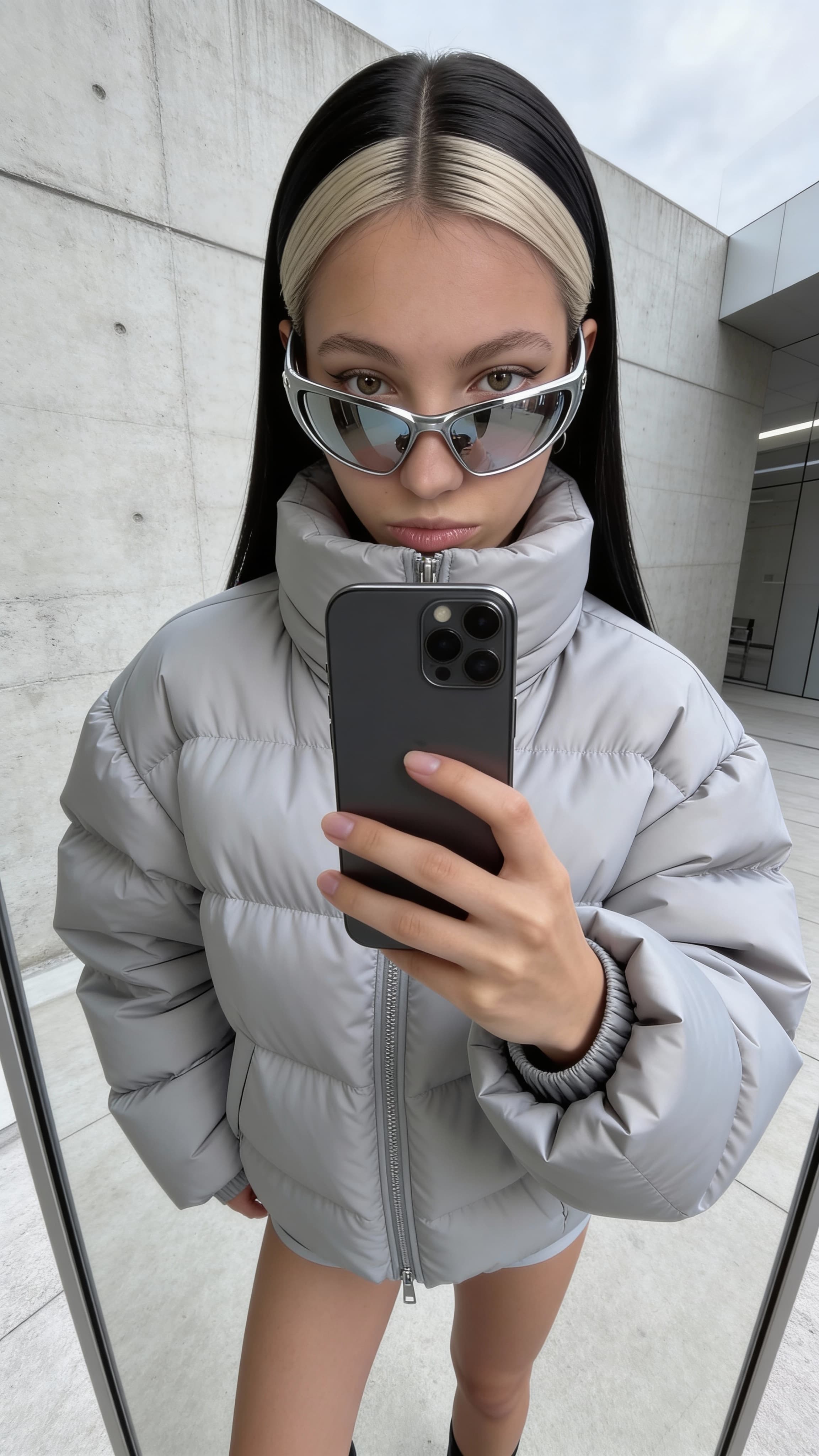{
"prompt": "Ultra-realistic fashion mirror selfie in a minimalist urban setting, subject wearing an oversized light-gray puffer jacket with exaggerated volume, high collar covering lower face, matte technical fabric, monochrome winter styling. Pose: handheld smartphone mirror selfie, phone partially obscuring face, casual confident stance. Composition: centered subject, vertical framing, slight downward angle, tight crop from mid-thigh to head, negative space on textured concrete wall background, modern architectural details. Lighting: soft overcast daylight, diffused natural light, low contrast, gentle shadows, neutral white balance. Color palette: cool grays, muted whites, subtle metallic accents, minimal saturation. Styling & accessories: futuristic reflective wraparound sunglasses, long straight black hair visible from hood, clean manicure in dark neutral tone. Facial appearance (adapted from reference 2): feminine East Asian features, almond-shaped eyes with sharp winged eyeliner, smooth porcelain skin with warm peach undertone, subtle glow highlight, softly contoured cheeks, natural full lips with muted nude tone, straight refined nose, balanced symmetrical face. Hair & makeup: high sleek ponytail base with long lengths, face-framing platinum-blonde front strands contrasting with black hair, precise brows, editorial beauty makeup. Camera & quality: full-frame look, 50mm equivalent, shallow depth of field, crisp focus on subject, high-resolution, fashion editorial realism, Instagram UGC aesthetic, no logos, no text, no watermark."
}