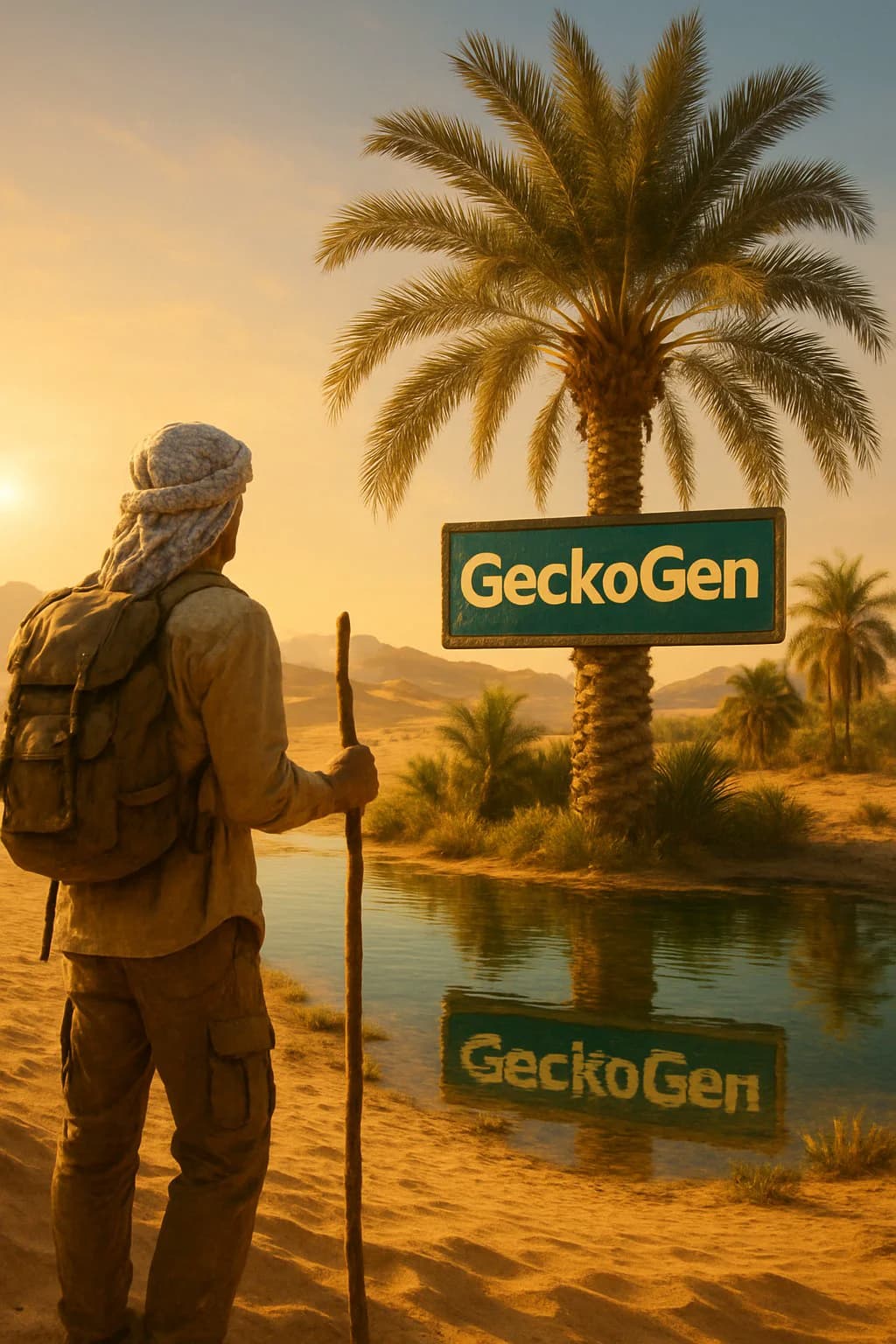 Traveler in desert discovering an oasis with clear 'GeckoGen' sign mounted on palm tree. Shimmering heat waves, camels resting nearby, golden hour lighting, oasis water reflecting the sign, photorealistic style, vibrant colors contrasting with sand, slight lens flare.