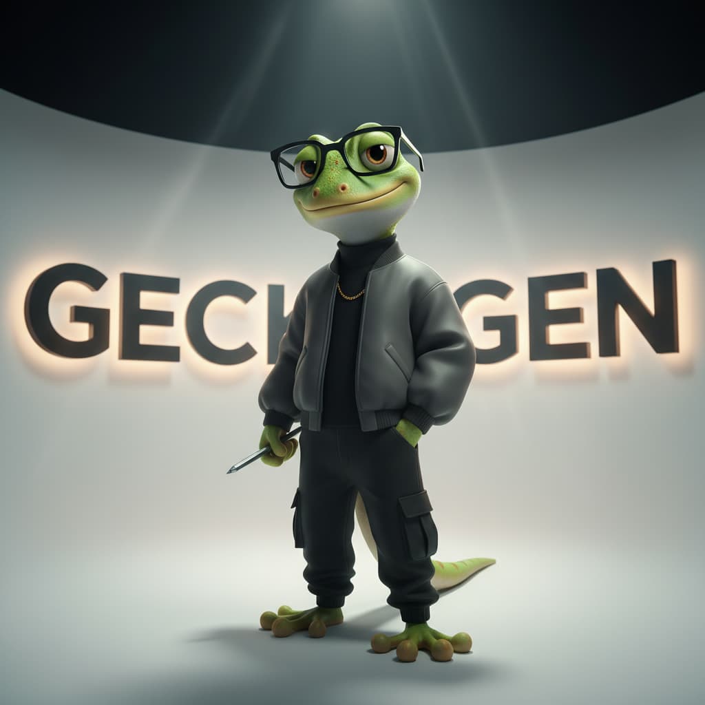 A stylish, cool 3D animated gecko character wearing trendy black-frame glasses, standing confidently in a professional photo studio. The gecko has that smart, charismatic vibe - not goofy or silly, but genuinely cool and hip like a creative director or tech founder. Modern character design with appeal and edge.
The gecko wears fashionable streetwear/tech style clothing: oversized hoodie or bomber jacket, or minimalist black turtleneck. A simple gold chain necklace visible adding street credibility. The outfit makes him look like a creative professional, not a cartoon mascot. Clean, contemporary fashion sense - think Apple keynote meets streetwear culture.
He holds a sleek digital stylus or modern paintbrush - creative tool that looks premium and professional, not toy-like. Standing in confident pose - maybe one hand in pocket, other holding the tool, or arms crossed with subtle swagger. Natural, relaxed posture that exudes confidence without trying too hard.
Background: The text "GECKOGEN" is displayed behind him in LARGE bold black letters on white seamless backdrop. CRITICAL: The background has dramatic dimensional lighting creating depth and volume - NOT flat. Strong backlighting creates a glowing halo effect around the text, casting it slightly forward from the wall. Volumetric lighting with visible light rays, creating atmospheric depth. Shadows from the text fall on the cyclorama wall adding three-dimensionality. The background feels cinematic with layers of light and shadow creating spatial depth.
Lighting setup: Professional studio lighting with dramatic contrast and dimension. Key light from 45-degree angle with strong directionality creating defined shadows on the gecko's face and body - modeling his form with chiaroscuro technique. Rim lighting from behind separating him from background with glowing edge light on his silhouette. Fill light subtly preventing pure black shadows while maintaining contrast. Hair light from above highlighting top of head and shoulders. The lighting creates depth, volume, and cinematic quality - everything has weight and presence in 3D space.
The gecko casts realistic shadow on the white floor beneath him - properly weighted, not just a flat circle but dimensionally accurate showing his stance and adding grounding. Subtle gradient on the floor from light to shadow creating spatial depth.
Camera angle: Eye-level or slightly low angle making the character feel powerful and important. Shot on 50-85mm lens with shallow depth of field (f/2.8) - the gecko is tack-sharp in focus, the background text slightly softer with beautiful separation creating depth. Professional portrait photography composition.
Character design refinement: The gecko has cool, intelligent expression - slight confident smirk or neutral composed face, not big goofy smile. Eyes show personality and intelligence behind the glasses. Smooth high-quality 3D rendering with subsurface scattering on skin showing realistic light interaction. Texture quality is premium - you can see slight skin texture, fabric weave on clothing, metal shine on chain and glasses.
Color grading: Vibrant but sophisticated - the green stays bold but not cartoonish. Professional color science with proper contrast, lifted blacks for modern look, subtle teal-orange color separation. The image should feel like a premium brand campaign - Apple, Nike, Supreme level production quality.
Style references: Think official mascot photography for major tech brands meets high-end 3D character renders from Pixar but with street style edge. The gecko is the main character of a cool animated series, not a children's toy mascot. Professional, charismatic, marketable, aspirational. This is a character people would want on merchandise because he's genuinely cool.
Technical: 8K render quality, ray-traced lighting, proper physics-based materials, cinematic depth of field, volumetric atmospheric effects, professional post-production color grading.