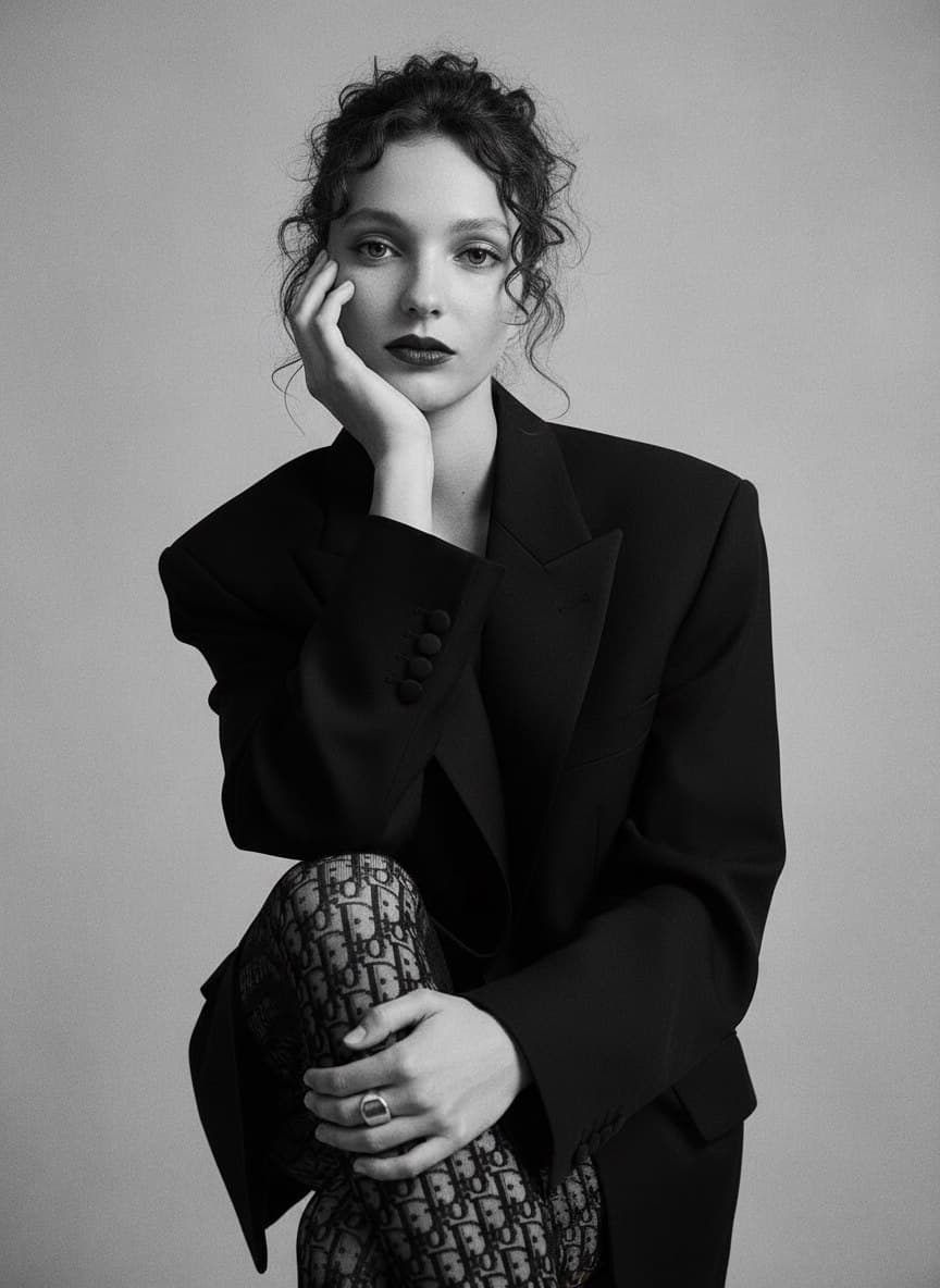 Create a black and white portrait photograph featuring a woman in a dramatic high-fashion composition. CRITICAL: Preserve the exact facial features, bone structure, and likeness from the original photo with 100% accuracy - do not deviate from her appearance even by 1%.She wears an oversized black blazer with wide lapels and voluminous sleeves, creating sculptural silhouette. Underneath, she wears black patterned tights with Dior-style graphic design - elegant geometric or monogram pattern adding visual drama and luxury detail to the composition.Her dark hair is styled up in an elegant updo with several loose strands naturally framing her face, creating soft romantic feel. Makeup features bold dark lipstick - deep burgundy or black creating striking contrast against her skin, with defined eyes completing the dramatic editorial look. Her skin appears smooth with natural texture visible.Pose: She sits in an elegant, contemplative position - left leg crossed over right leg, left hand gently supporting her tilted head in a thoughtful gesture, right hand resting comfortably on her knee or chair armrest. She wears a statement ring on her hand catching light subtly. The pose conveys confidence, sophistication, and artistic introspection.Background: Neutral, light-toned textured surface creating clean studio or minimalist setting - perhaps soft gray seamless backdrop or subtle concrete texture. The simplicity keeps full focus on the subject and her styling.Framing: Medium shot concentrating on her face and upper body, emphasizing the fashion styling and clothing details - the blazer's dramatic shoulders, the patterned tights, the elegant pose. Composition follows rule of thirds with her face as focal point.Lighting: Soft, diffused studio lighting creating gentle gradient of light and shadow across the scene. The lighting sculpts and accentuates her facial contours, cheekbones, and the texture of the blazer fabric. Chiaroscuro technique with dimensional depth - not flat lighting but gentle contrast revealing form. Side lighting or Rembrandt lighting creating sophisticated shadow play.Black and white conversion: Rich tonal range from deep blacks to bright whites with nuanced mid-tones. The black blazer shows texture and fabric detail despite dark tone, skin has luminous quality, the patterned tights show clear contrast between pattern and background. Professional monochrome grading emphasizing texture, form, and emotion over color.Shot on medium format camera (Hasselblad H6D) with 80-100mm portrait lens at f/4 for balanced sharpness. Classic editorial fashion photography aesthetic inspired by Peter Lindbergh, Paolo Roversi, or Irving Penn - timeless, elegant, emphasizing natural beauty and sophisticated styling. The image should feel like a page from Vogue Italia or high-end fashion editorial - artistic, dramatic, effortlessly chic.