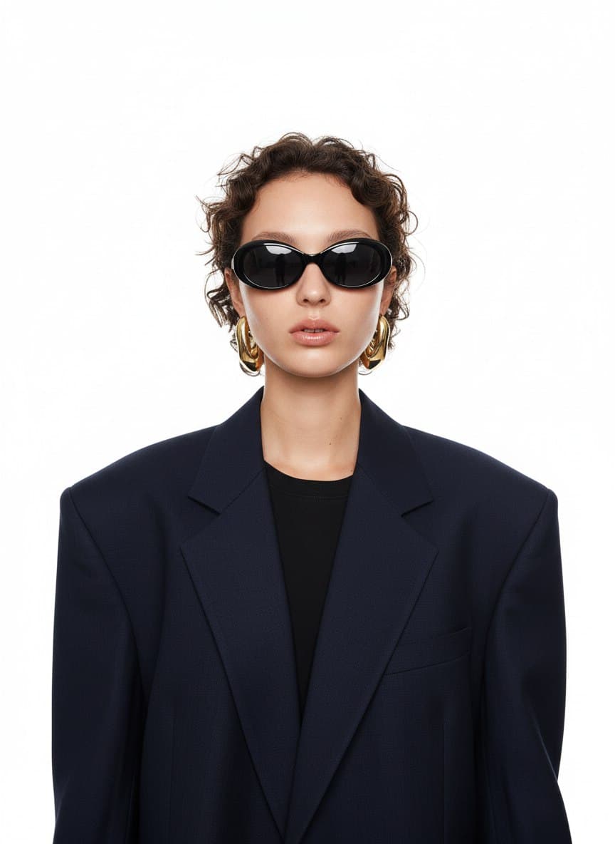 A highly stylized high-fashion editorial portrait of the same woman from the reference image - CRITICAL: maintain her exact facial features, bone structure, and distinctive characteristics with absolute precision. She has flawless, luminous fair skin with natural texture, wearing a black t-shirt and striking black oval-shaped sunglasses with luxurious gold-tone frames that add sophisticated edge to the look.She stands confidently against an ultra-bright, blown-out pure white background - the whites and highlights pushed to absolute maximum luminosity, as if exposure and highlight sliders were maxed out completely, creating that signature high-key glossy magazine aesthetic with impossibly bright backdrop that feels almost overexposed.Her lips are naturally plump and full (enhanced with 1ml filler creating subtle volume), coated in clear transparent gloss that catches light beautifully creating dimensional shine and that fresh "just applied" wet-look finish.Makeup: Chic nude aesthetic - flawless base with dewy luminous skin, natural definition, soft neutral tones, clean fresh-faced look emphasizing natural beauty with subtle enhancement. Brows defined, skin glowing, minimalist yet polished.She wears a voluminous oversized dark navy blue blazer with unconventional architectural silhouette - sculptural shape with exaggerated proportions or unique cut creating bold fashion statement. The blazer fabric has incredibly realistic texture showing natural weave, organic drape, the way light interacts with material - you can see fabric depth and dimension. Worn open and unbuttoned over the black t-shirt for effortless cool.Large trendy statement earrings in gold tone adorn her ears - contemporary design, substantial size making them focal accessory point, catching light and adding luxury detail to the minimal outfit.Lighting: Powerful direct frontal flash creating signature harsh high-fashion editorial look - strong flat illumination eliminating soft shadows, slightly overexposed highlights on skin for that glossy pop, maximum contrast between subject and pure white background. The flash creates razor-sharp definition, crisp edges, and that unmistakable contemporary fashion magazine quality - think Balenciaga campaigns, Vogue editorials, or Acne Studios aesthetic. The lighting makes the gold frames and earrings gleam brilliantly.Technical specifications: Shot on medium format camera (Hasselblad X2D or Phase One) with 80mm lens at f/5.6, ultra-sharp focus capturing microscopic detail - fabric weave, skin texture, gold metal reflections, sunglasses surface, lip gloss shine. 4K resolution with exceptional clarity and detail. Ultra-realistic, hyper-detailed editorial photography style.Composition: Perfectly symmetrical framing with the subject centered, minimal background elements - pure clean negative space. The composition is balanced and geometric, following strict editorial fashion photography rules. 4:3 aspect ratio creating classic portrait format.Color grading: Clean, modern, high-contrast - deep rich navy blazer against impossibly bright white, natural peachy skin tones with slight warmth, gold accessories catching light as warm metallic accents, black elements (shirt, sunglasses) providing grounding contrast. Minimal color cast, professional magazine-quality color science.Style references: Contemporary high fashion editorial - bold, confident, minimalist yet striking. Inspired by cutting-edge fashion magazines (i-D, Vogue, System), luxury brand campaigns (Celine, Balenciaga, The Row), and modern fashion photography masters. The aesthetic is raw, direct, unapologetic - pure editorial sophistication with effortless cool attitude.