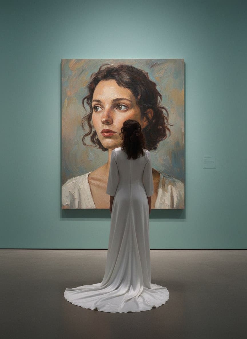 Create a cinematic scene in a contemporary art gallery featuring the woman from the attached reference image. CRITICAL: Use her exact facial features and appearance without any modifications - preserve her face precisely as shown in the reference photo.On the gallery wall hangs a large oil painting portrait of this same woman - the painting depicts her face and upper body in realistic, expressive oil painting style with visible textured brushstrokes, impasto technique showing dimensional paint application, and a muted sophisticated color palette (soft earth tones, muted blues, warm neutrals). The oil painting should look authentically hand-painted with characteristic oil paint qualities - luminous depth, rich pigmentation, subtle color blending, and that signature painted texture.The gallery wall is painted in a serene sea-foam blue-green color (ocean-inspired tone) creating a professional, calming exhibition atmosphere. Soft professional gallery lighting illuminates the artwork - likely track lighting or spotlights creating gentle wash of light on the painting without harsh glare, emphasizing the oil paint's texture and colors.Standing directly in front of the painting is the same woman from the reference photo, but we see only her silhouette from behind - full-length back view showing her complete figure. She wears an elegant floor-length white gown with a dramatic trailing train flowing behind her on the polished gallery floor. The dress is realistic with natural fabric drape, perhaps flowing silk or satin material catching light subtly.Her hair is exactly as shown in the reference photo - dark chestnut brown color, falling below her shoulders in natural waves or straight styling, matching the length and texture from the original image precisely. We see her hair from behind as she contemplates her own portrait.The woman stands still in contemplative pose, gazing up at her painted likeness - creating a powerful meta-artistic moment where subject meets representation. The composition captures the poetic connection between the real person and her artistic portrayal.Gallery environment: Clean minimal contemporary art space with polished concrete or hardwood floors reflecting subtle light, high ceilings creating sense of openness, pristine white or sea-toned walls, professional museum-quality presentation. Perhaps other artworks subtly visible in soft focus on peripheral walls, or the space could be minimal focusing solely on this central moment.Lighting: Soft, even gallery illumination - professional museum lighting creating ambient glow without harsh shadows, spotlight on the painting creating focal point, natural or artificial light creating depth and atmosphere, the white dress catching and reflecting light beautifully creating luminous quality.Camera angle: Shot from behind and slightly to the side capturing both the woman's silhouette in foreground and the full painting on the wall in background, creating layers of visual interest and emphasizing the connection between real and painted subject. Medium-wide shot showing environmental context while maintaining intimate emotional quality.Color palette: Calming sea-foam blue-green walls, pristine white dress, dark chestnut hair, muted earthy tones in the oil painting, warm gallery lighting creating overall sophisticated and serene atmosphere. Professional color grading with slightly desaturated elegance.Style: Fine art photography meets conceptual portraiture - sophisticated, museum-quality aesthetic reminiscent of contemporary art documentation or luxury fashion editorials set in galleries. The image should feel contemplative, artistic, and elegantly mysterious.Technical: Shot on full-frame camera (Canon R5 or Sony A1) with 35mm or 50mm lens capturing both figure and artwork, natural depth of field, professional color accuracy, high resolution capturing painting texture details and dress fabric quality.The overall composition creates a thought-provoking visual dialogue between reality and art, presence and representation, past and present.